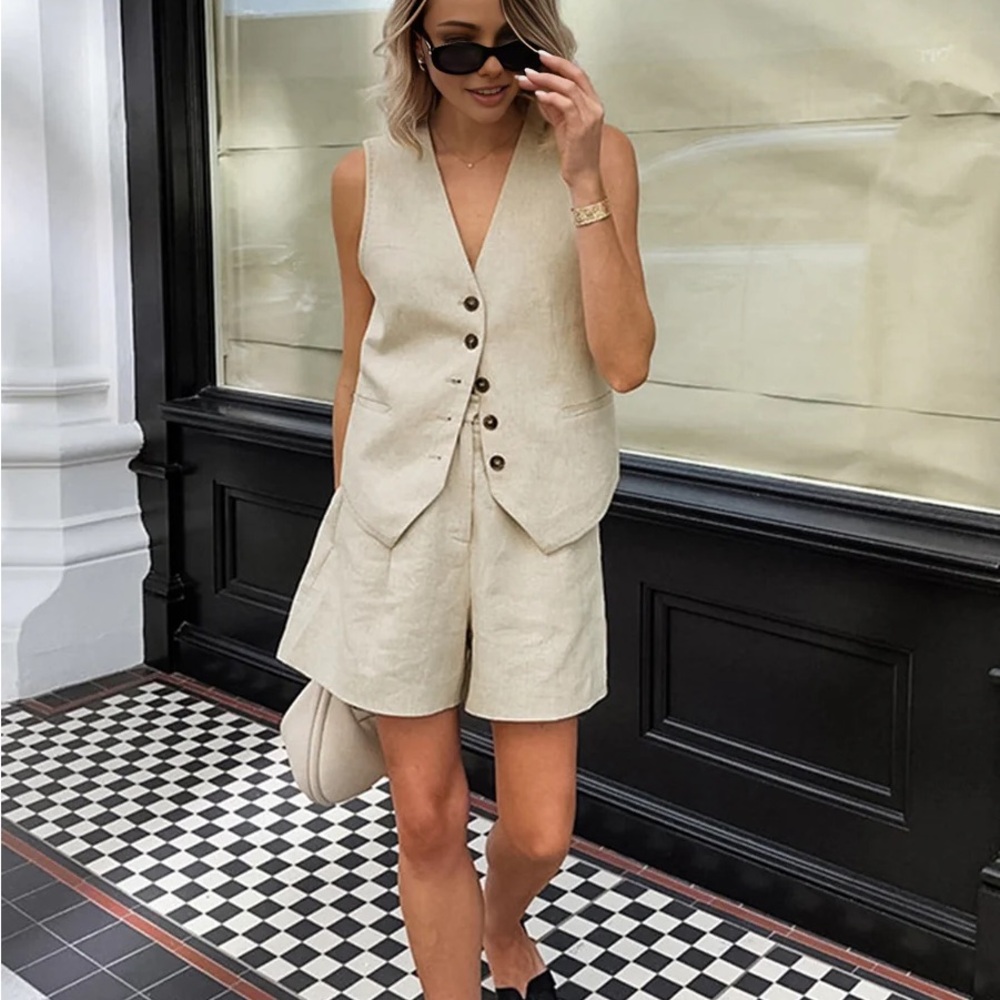 Commense Cotton & Linen Pockets Shorts Set in Khaki size M